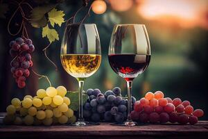 illustration of Glasses of red and white wine and ripe grapes on table in blurred vineyard photo