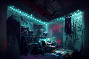 illustration of messy and dark cyberpunk hacker hideout room with lights photo