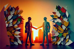 Business man in the city background, colorful. Business handshaking, successful concept. Paper cut craft, 3d paper illustration style. Neural network generated art. photo