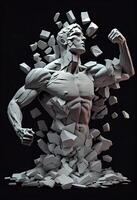 illustration of realistic stone man sculpture broken and pieces in black background. Motivation and surpassing yourself concept photo