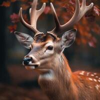 A deer with horns and a black nose is in the woods. photo