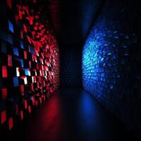 A hallway with red and blue lights on the wall photo