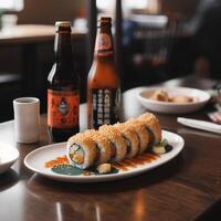 A bottle of beer next to a plate o f sushi and a bottle of beer. photo