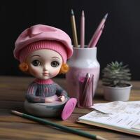 A baby doll on bed and on wooden table photo