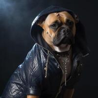 A dog in a leather jacket photo