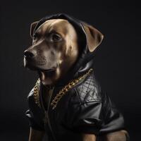 A dog in a leather jacket photo
