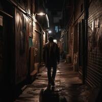 un hombre caminando en calles en noche ai generativo foto