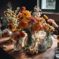 Flowers in background and in vase photo