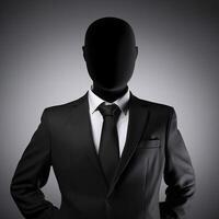 A man with a black suit with question mark instead photo