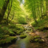 un verde bosque con un lago en eso ai generativo foto