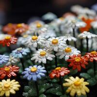 A miniatured is made of plastic flowers photo