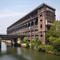 industrial edificio con un puente ai generativo foto