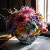 Flowers in background and in vase photo