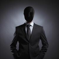 un hombre con un negro traje con pregunta marca en lugar ai generativo foto