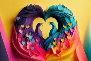 illustration of origami Valentine day background, happy couple, colorful. Paper cut craft, 3d paper style. Neural network generated art. Digitally generated image photo
