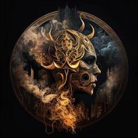 illustration of cyberpunk Zodiac sign with a industrial smoke, mechanic detail on shoulders, pollution, centered inside intricate gold and fire circle of city and Skyscrapers, steam punk photo