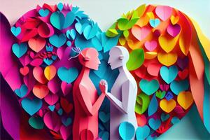 illustration of origami Valentine day background, happy couple, colorful. Paper cut craft, 3d paper style. Neural network generated art. Digitally generated image photo