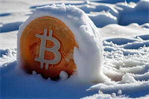 generativo ai ilustración de congelado bitcoin, frío y nieve. poco moneda símbolo en hielo y nieve foto