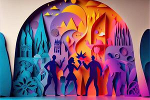 illustration of People in New Year's Eve party background, men and women celebrating holidays together, partying, cheering and dancing. Paper cut craft, 3d paper illustration style. photo