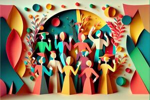 illustration of People in New Year's Eve party background, men and women celebrating holidays together, partying, cheering and dancing. Paper cut craft, 3d paper illustration style. photo