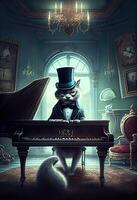 illustration of a surreal digital art of a cat wearing a top hat playing the grand piano photo