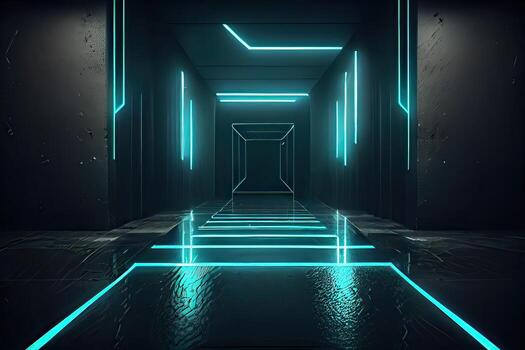 illustration of an abstract dark neon geometric background, set inside a dark and empty room with glowing laser lines on the walls, a wet concrete floor, with neon light reflections photo