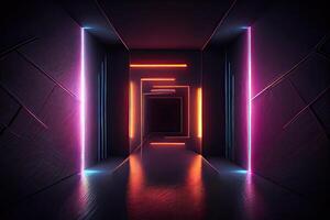 illustration of an abstract dark neon geometric background, set inside a dark and empty room with glowing laser lines on the walls, a wet concrete floor, with neon light reflections photo