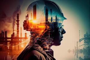 illustration of a double exposure worker head, an oil, gas, and petrochemical refinery facility demonstrates the future of electricity and the engineer photo