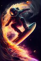 illustration of a space explorer riding a rocket-powered surfboard through an asteroid field, in a digital art style with a galactic color palette photo