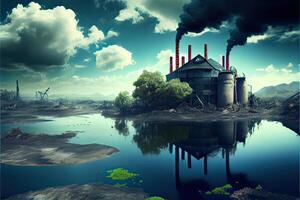 illustration of landscape with ecological disaster. Polluted earth and ocean photo