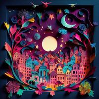 illustration of Photo paper cut quilling multidimensional paper cut, craft paper illustration, fireworks and beautiful city in new year eve, national day with colored lights, pop color.