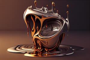 illustration of the illusion of time, a surreal clock made of golden and mercury materials, melting in a distorted and fluid manner photo