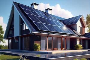 illustration of a newly constructed houses with solar panels on the roof under a bright sky, a close up of a brand new structure with blue solar panels photo