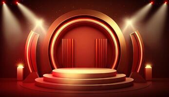 Stage Podium Scene for Award Ceremony on red Background. photo