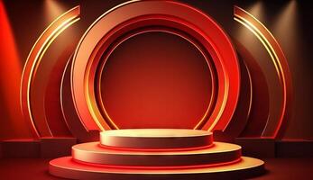 Stage Podium Scene for Award Ceremony on red Background. photo