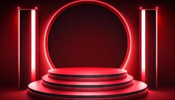 Stage Podium Scene for Award Ceremony on red Background. photo