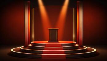 Stage Podium Scene for Award Ceremony on red Background. photo