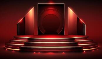 Stage Podium Scene for Award Ceremony on red Background. photo