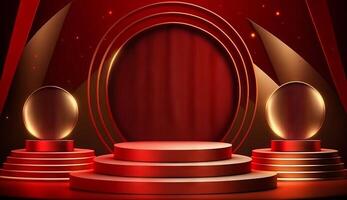 Stage Podium Scene for Award Ceremony on red Background. photo