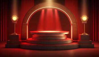 Stage Podium Scene for Award Ceremony on red Background. photo