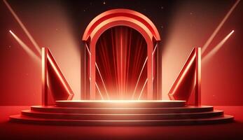 Stage Podium Scene for Award Ceremony on red Background. photo