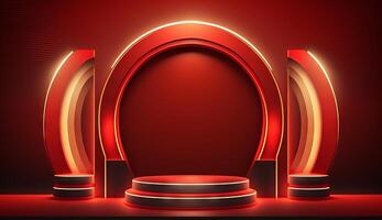Stage Podium Scene for Award Ceremony on red Background. photo