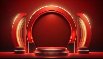 Stage Podium Scene for Award Ceremony on red Background. photo