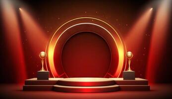 Stage Podium Scene for Award Ceremony on red Background. photo