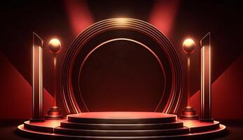 Stage Podium Scene for Award Ceremony on red Background. photo