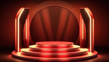 Stage Podium Scene for Award Ceremony on red Background. photo