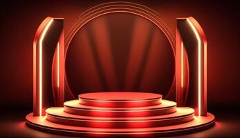 Stage Podium Scene for Award Ceremony on red Background. photo