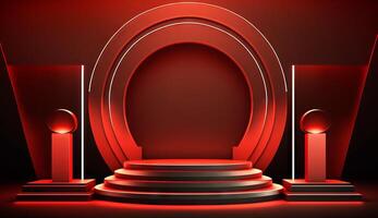 Stage Podium Scene for Award Ceremony on red Background. photo