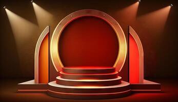 Stage Podium Scene for Award Ceremony on red Background. photo