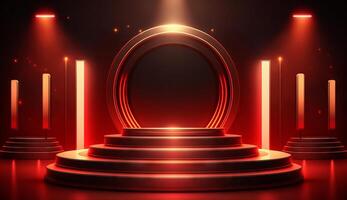 Stage Podium Scene for Award Ceremony on red Background. photo